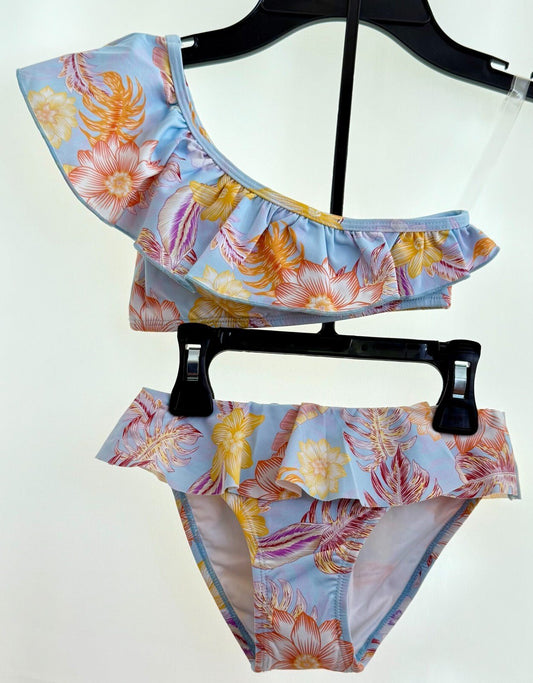 Girls BohoTropical One Shoulder Bikini,Toddler, Floral with Ripples swim - ware. - SkyWaves