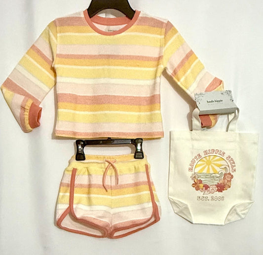 Little Girls Striped Reverse French Terry Sweatshirt and Shorts Set, with Bag. - SkyWaves